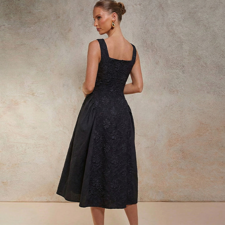 Damen Maxikleid mit floralen Stickereien und weitem Rock Drune
