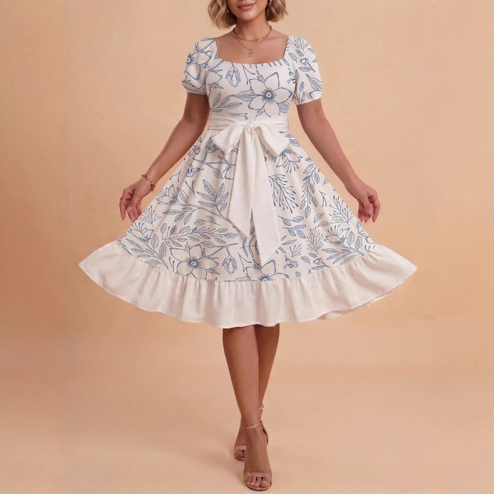 Damen Midi Kleid mit elegantem Blumendruck und tailliertem Gürtel Drune