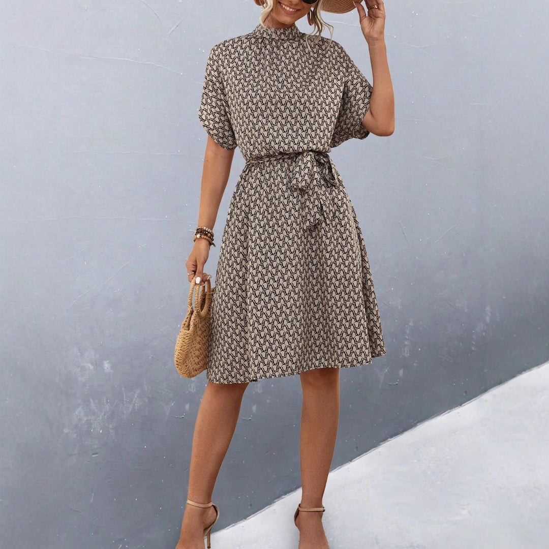 Damen Midikleid mit elegantem Bindegürtel und modischem Stehkragen Drune