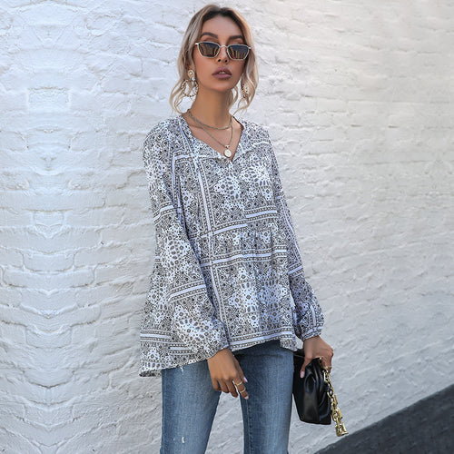 Damen lässige Bluse mit verspieltem Muster und elegantem V-Ausschnitt Drune