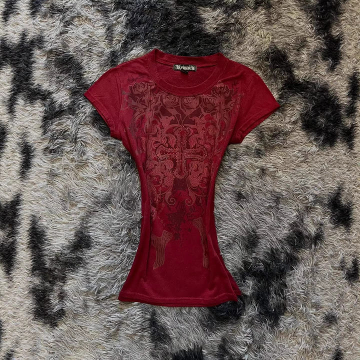 Damen T-Shirt mit aufwendig gestaltetem floralem Druck und Glitzerakzenten Drune