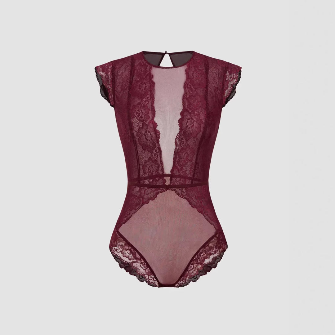 Damen Elegantes Spitzenbody mit tiefem V-Ausschnitt und zarten Rüschendetails Drune