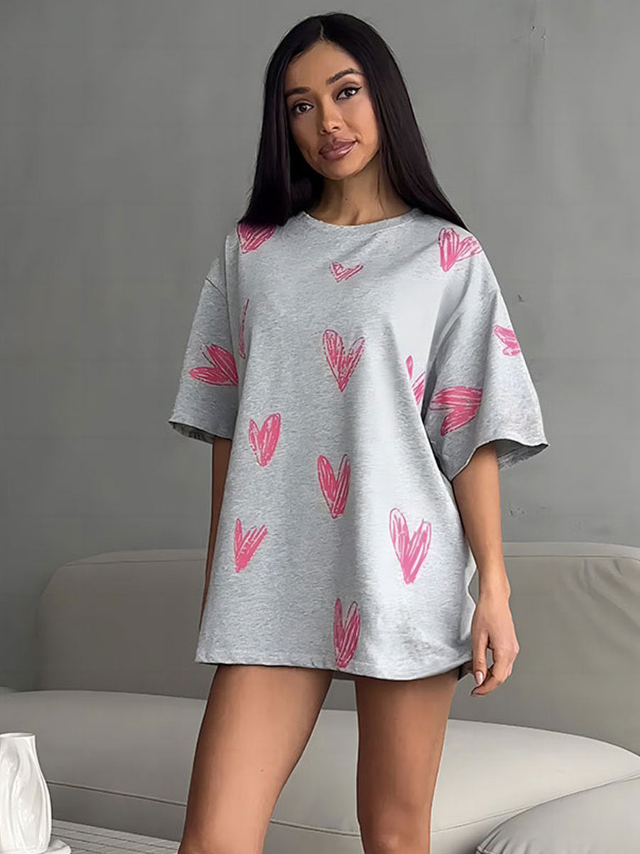 Damen Lässiges T-Shirt mit Herzmotiven und weit geschnittenem Schnitt Drune