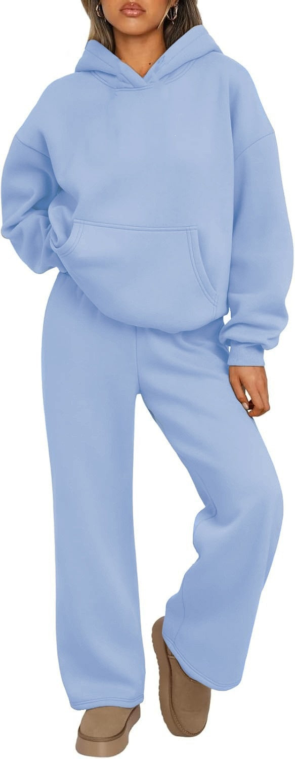 Damen nan Cozy-Loungewear-Set mit oversized Kapuzenpullover, Kängurutasche und weiten Palazzo-Jogginghose Drune