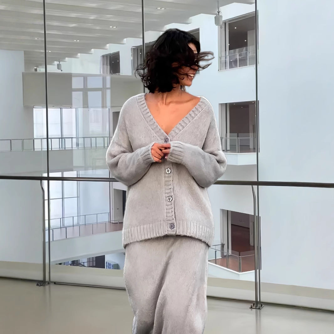 Damen Oversized Strickjacke mit tiefem V-Ausschnitt und großen Knöpfen Drune