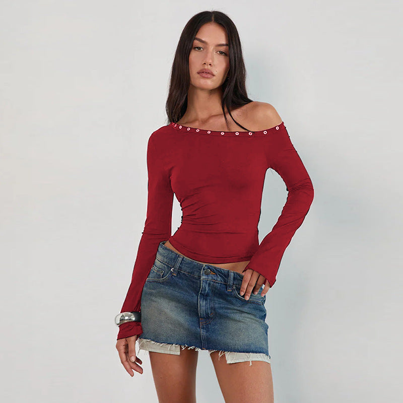 Damen Off-Shoulder Oberteil mit modischen Knöpfen und figurbetontem Schnitt Drune