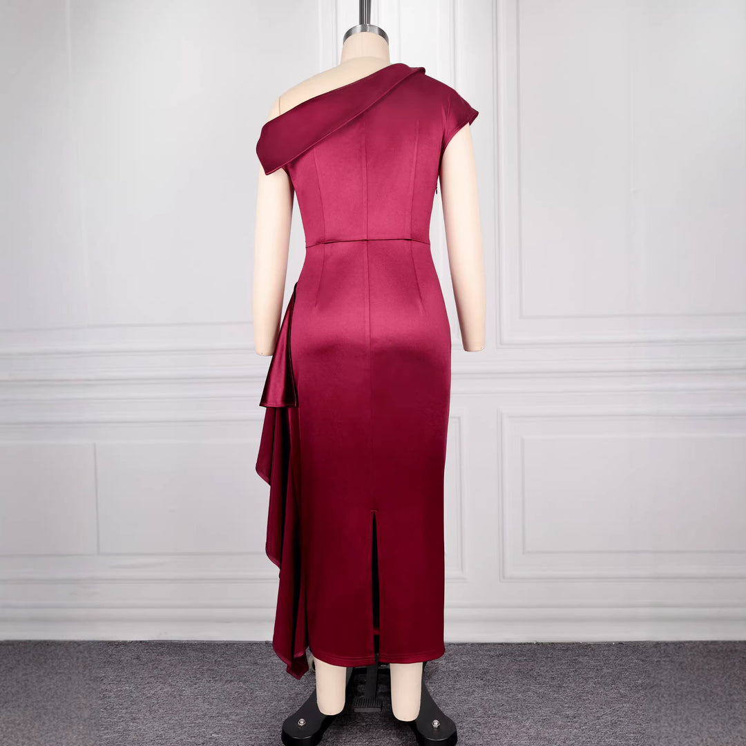 Damen elegantes Satin Abendkleid mit asymmetrischen Rüschendetails Drune