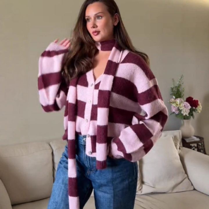 Damen kuschelige Strickjacke mit modischem Karomuster und abnehmbarem Schal Drune