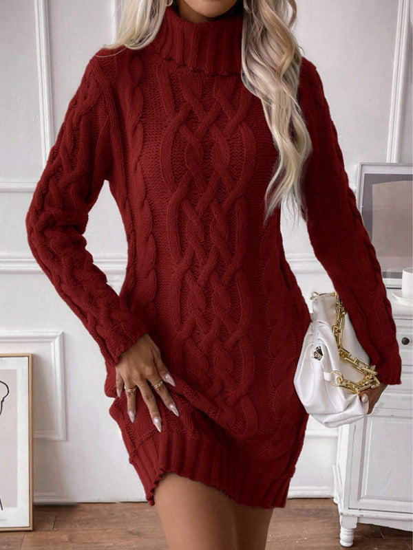 Drune | Strickkleid Figurbetonter Schnitt Kabelstrick Hoher Kragen Lange Ärmel