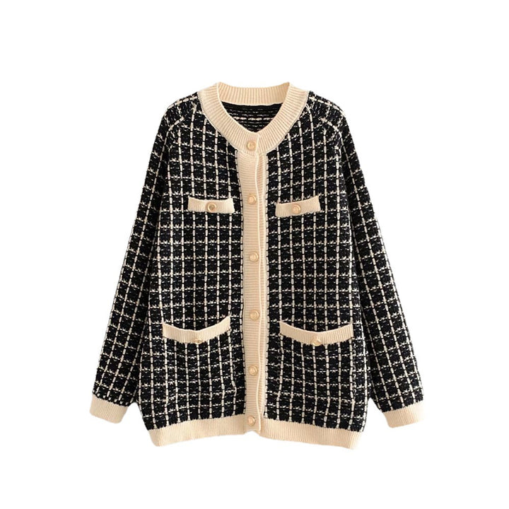 Damen Strickjacke mit Modischem Karomuster und Knopfdetails Drune