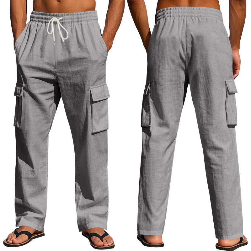 Herren nan lockere Leinen-Cargohose mit elastischem Tunnelzugbund und aufgesetzten Klappentaschen Drune