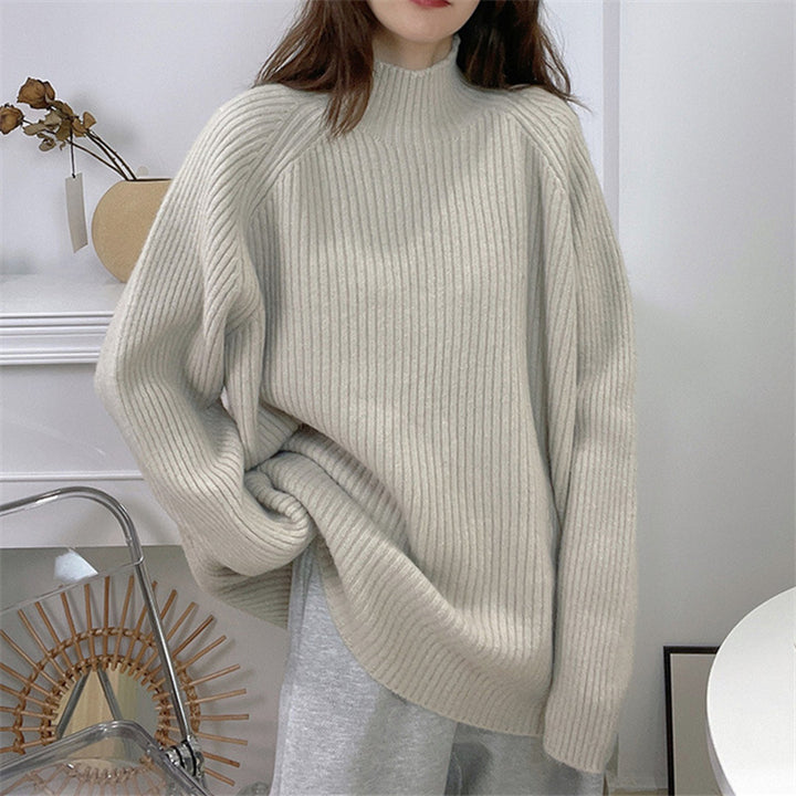 Damen lässiger Grobstrickpullover mit hochgeschlossenem Kragen und asymmetrischem Saum Drune