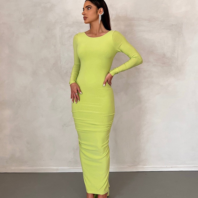 Damen Elegantes figurbetontes Maxikleid mit langen Ärmeln und Rundhalsausschnitt Drune