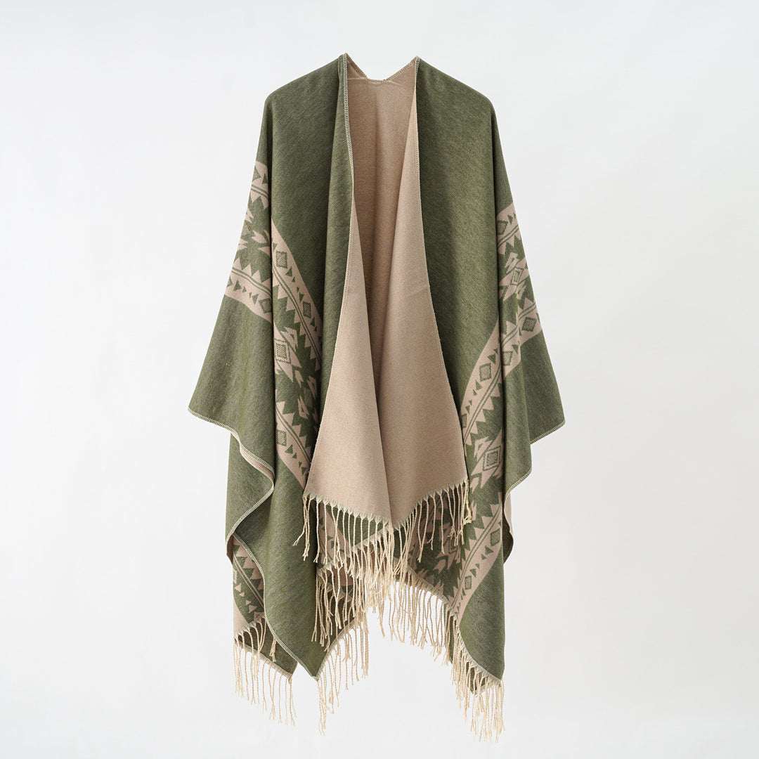 Damen eleganter Strickponcho mit kunstvollen Fransen und floralen Akzenten Drune