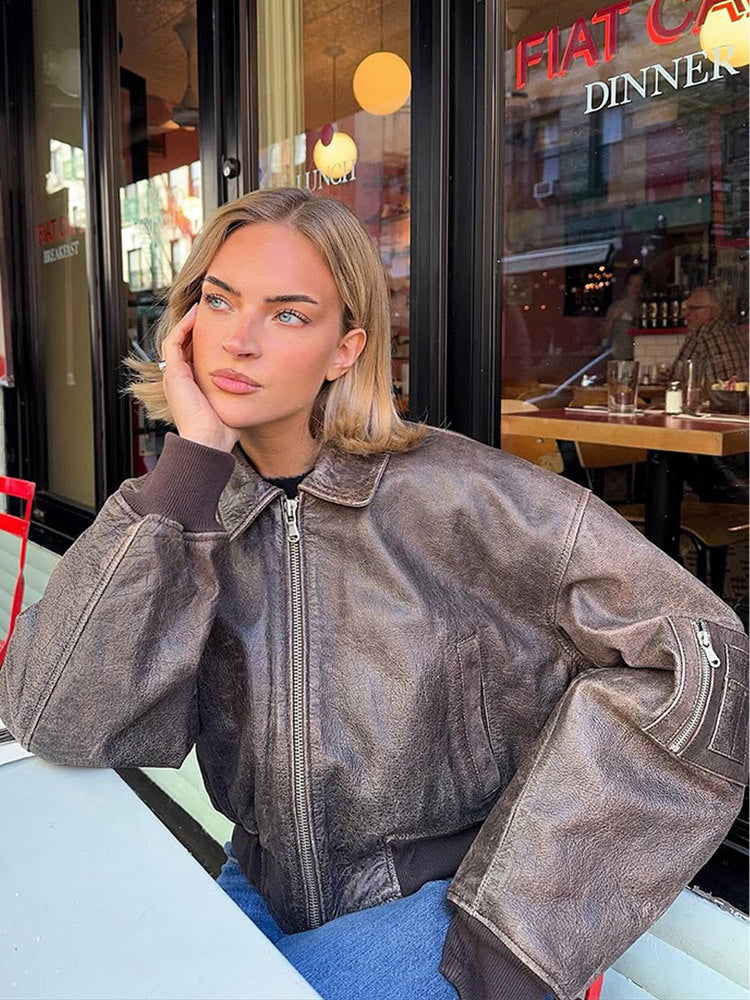 Damen Leder Bomberjacke mit lässigem Schnitt und Zipper-Details Drune