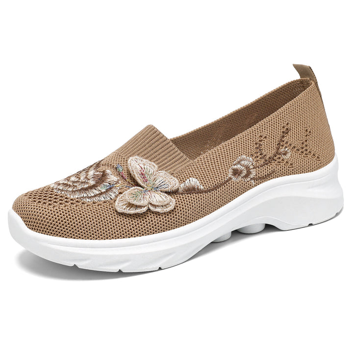 Damen nan gestrickte Slip-On Slipper mit Schmetterlings-Stickapplikation und dämpfender EVA-Plateausohle Drune