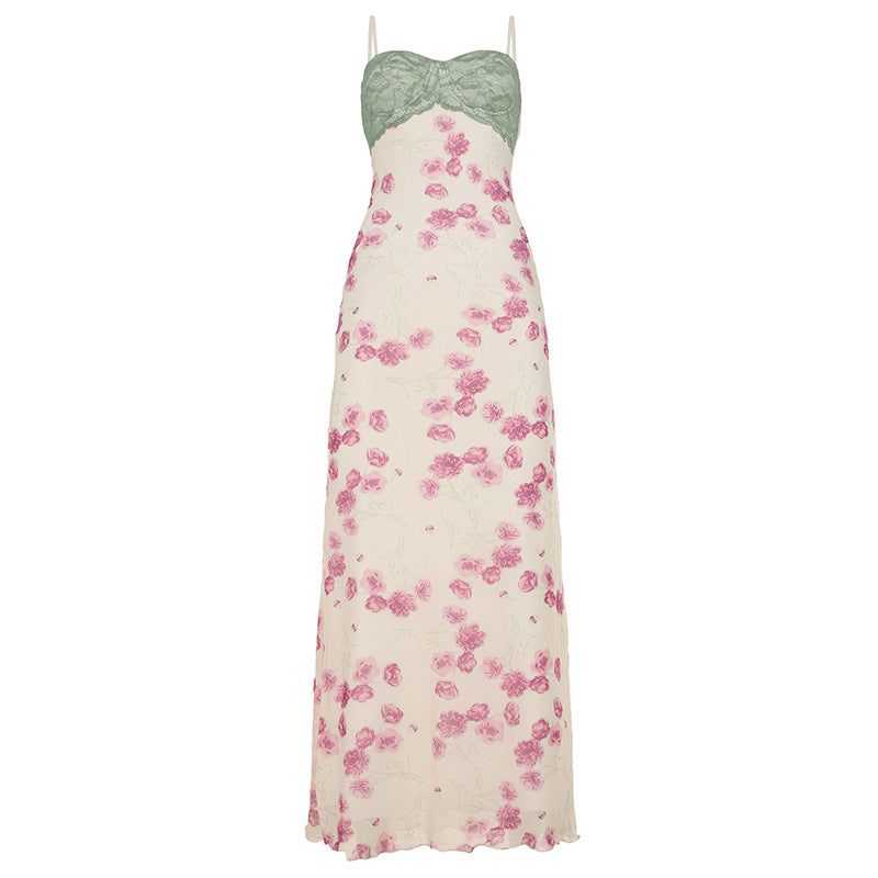 Damen Maxikleid mit floralem Spitzenoberteil und zarten Spaghettiträgern Drune