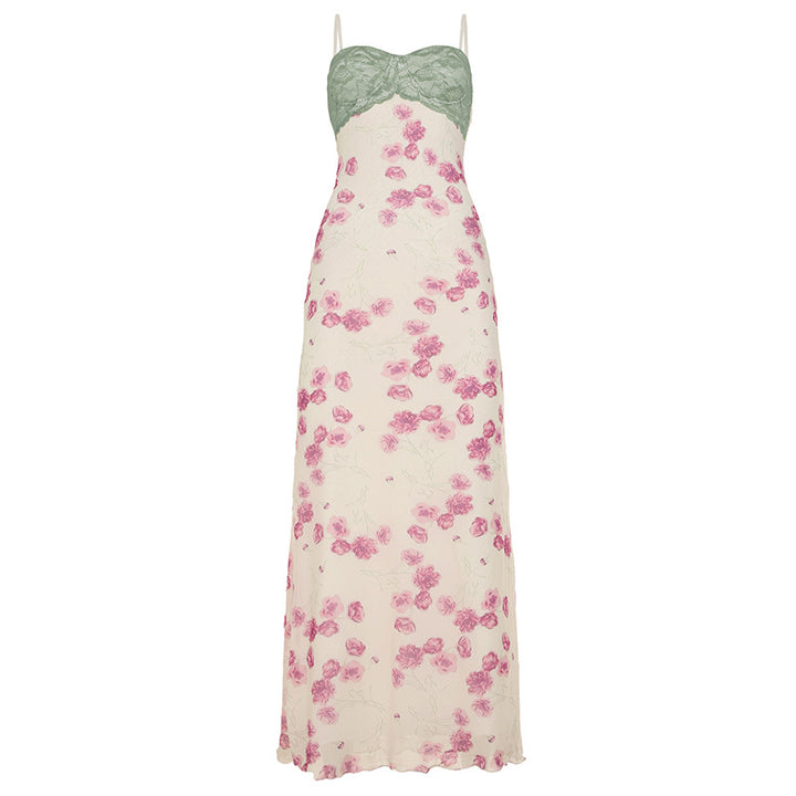Damen Maxikleid mit floralem Spitzenoberteil und zarten Spaghettiträgern Drune