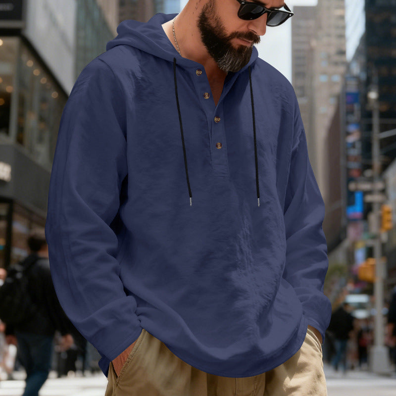Herren nan legeres Henley-Kapuzenhemd mit Knopfleiste, Kordelzug und gerundetem Saum Drune