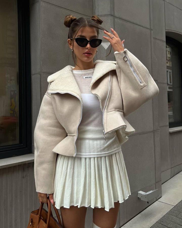 Damen trendige Kurzjacke mit flauschigem Innenfutter und Reißverschluss Drune