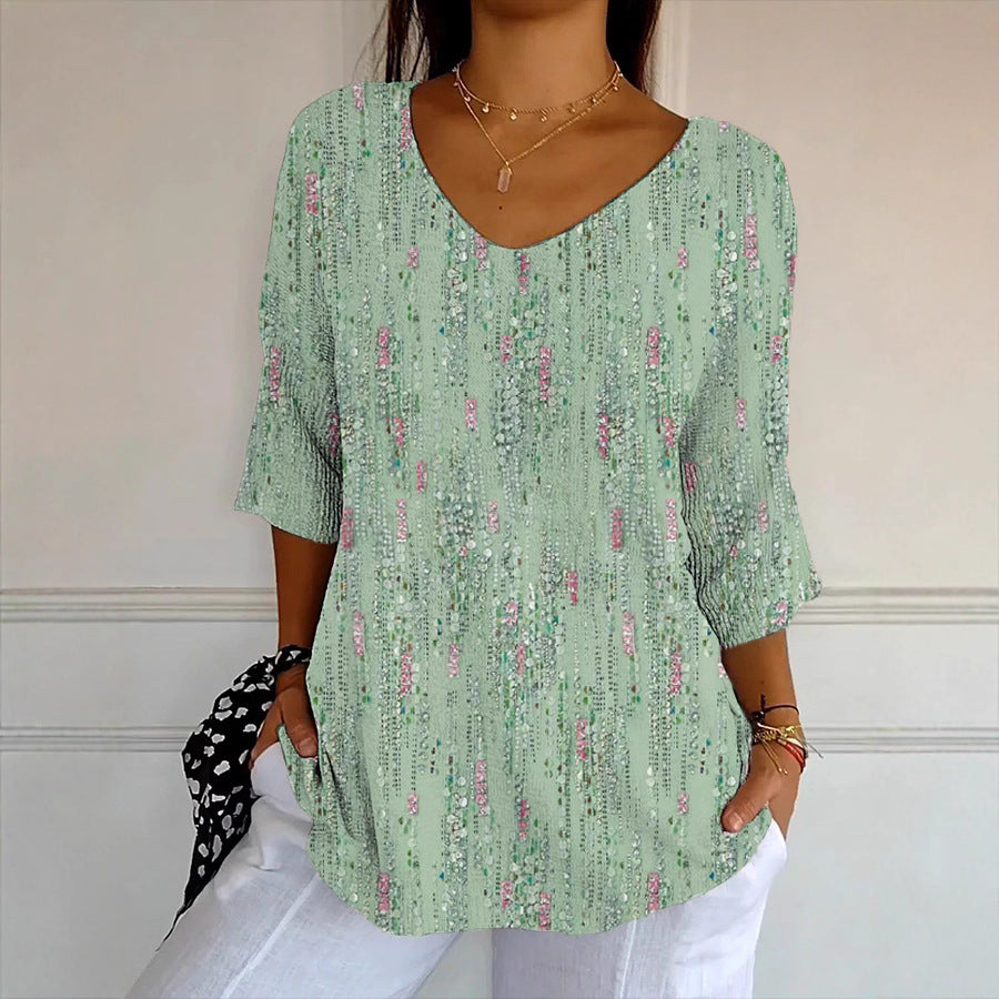 Damen V-Ausschnitt Bluse mit buntem Muster und lockerer Passform Drune