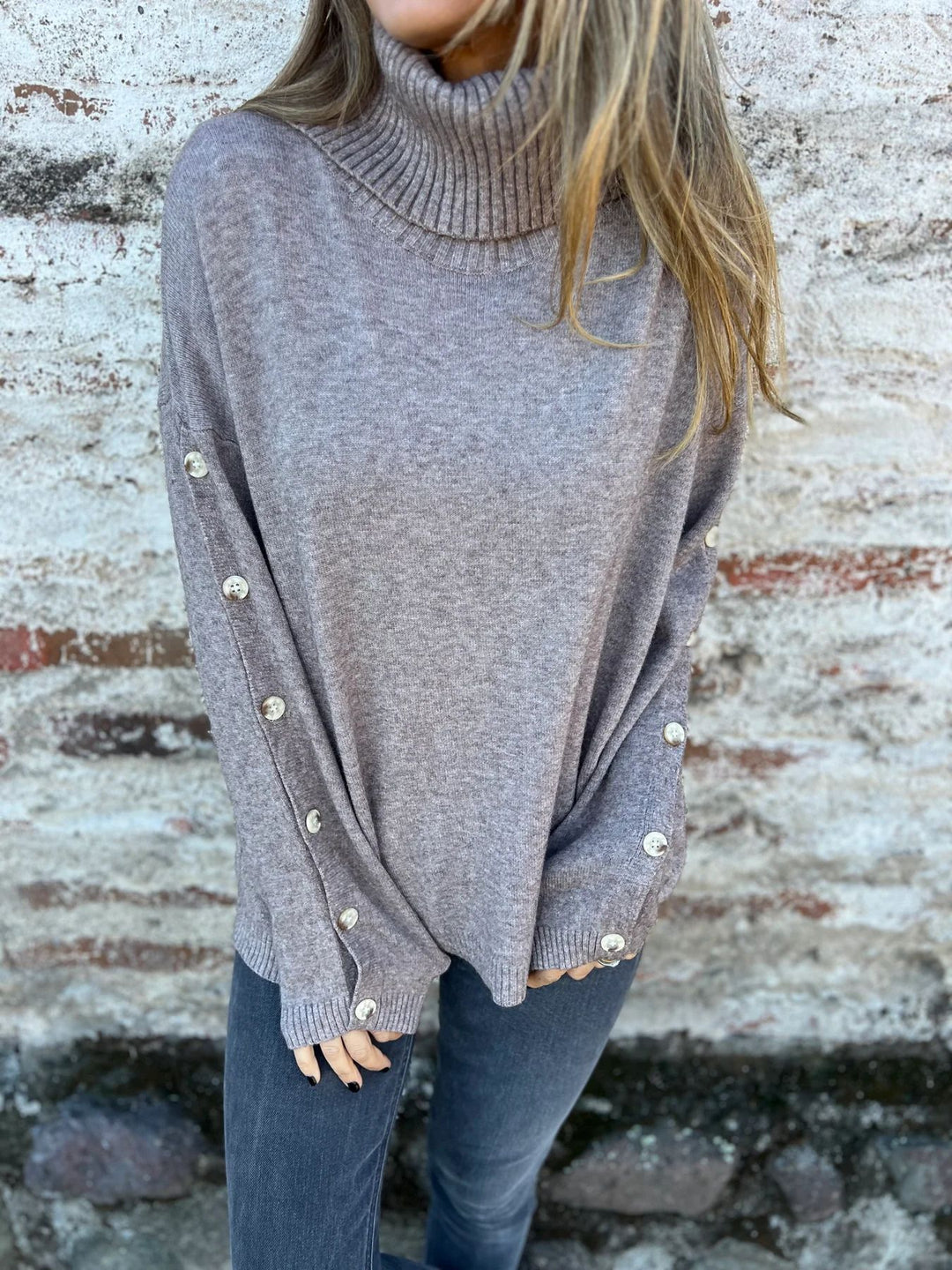 Damen hochschuliger Strickpullover mit Knopfdetails Drune