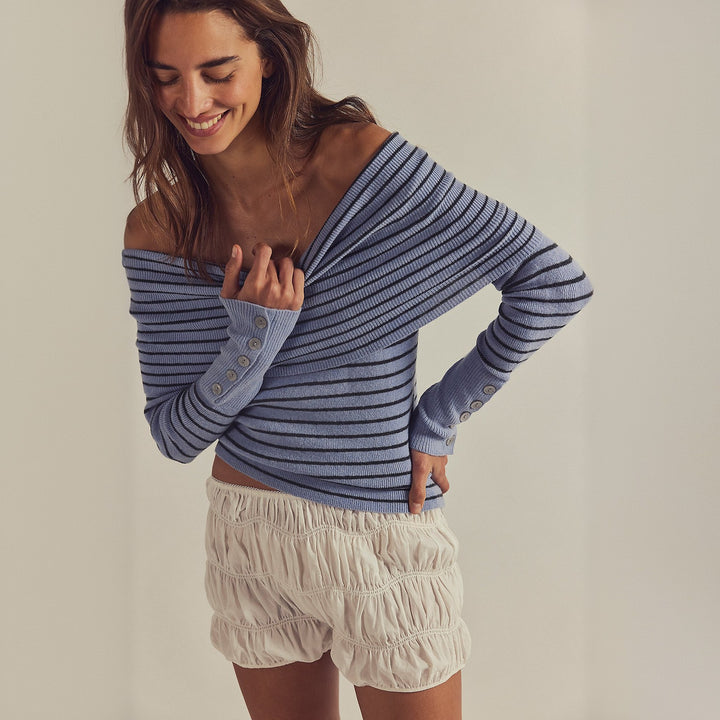 Damen Off-Shoulder Pullover mit modernem Streifenmuster und Knopfdetails Drune