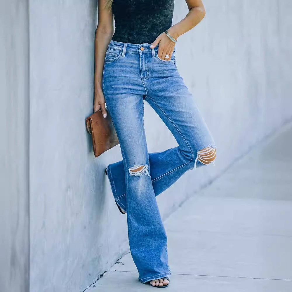 Damen Flared Jeans im Vintage-Stil mit modischen Destroyed-Effekten Drune