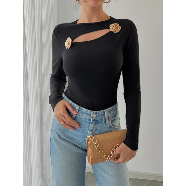 Damen Elegantes Langarm-Bodysuit mit dekorativen Blumenakzenten Drune