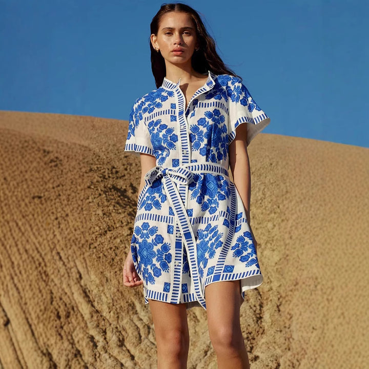 Damen Freizeitkleid mit floralem Muster und bequemen Taillengürtel Drune