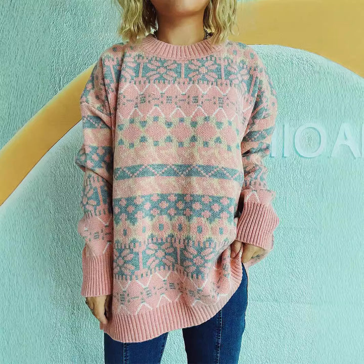 Damen bequemer Pullover mit traditionellem Norweger-Muster und lässigem Schnitt Drune
