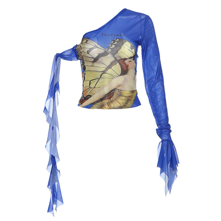 Damen Einseitiges Designer-Oberteil mit kunstvollem Butterfly-Muster und transparenten Rüschendetails Drune