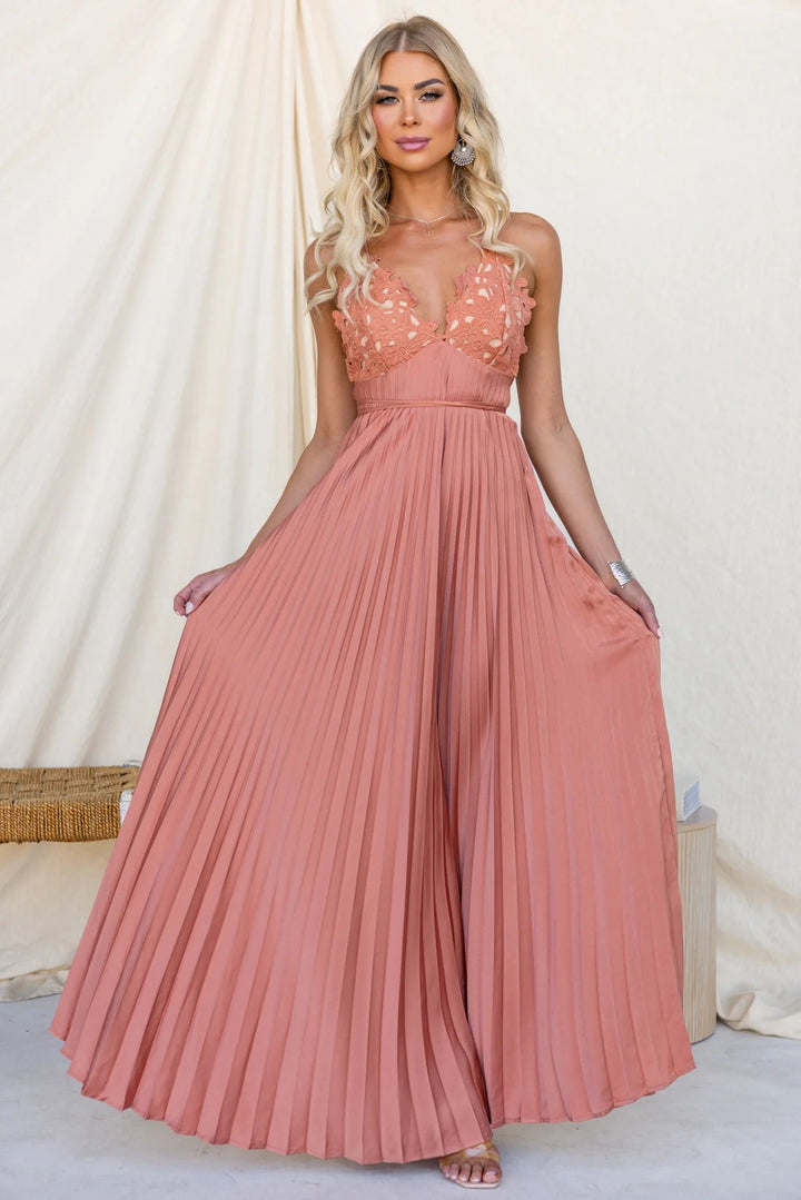 Damen Plissiertes Maxikleid mit verzierten Trägern und elegantem Taillengürtel Drune