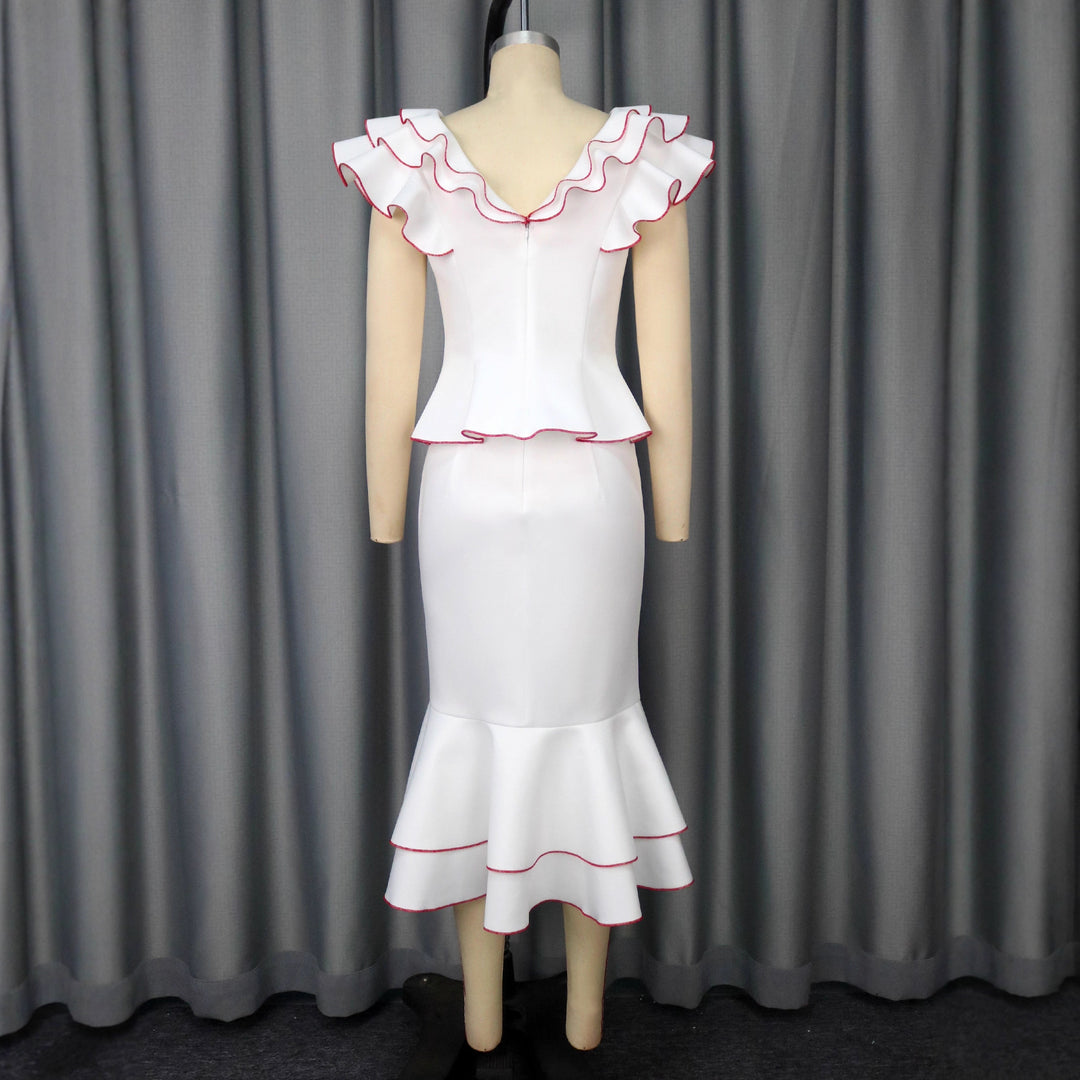 Damen figurbetontes Kleid mit voluminösem Rüschensaum und farbigem Akzent Drune