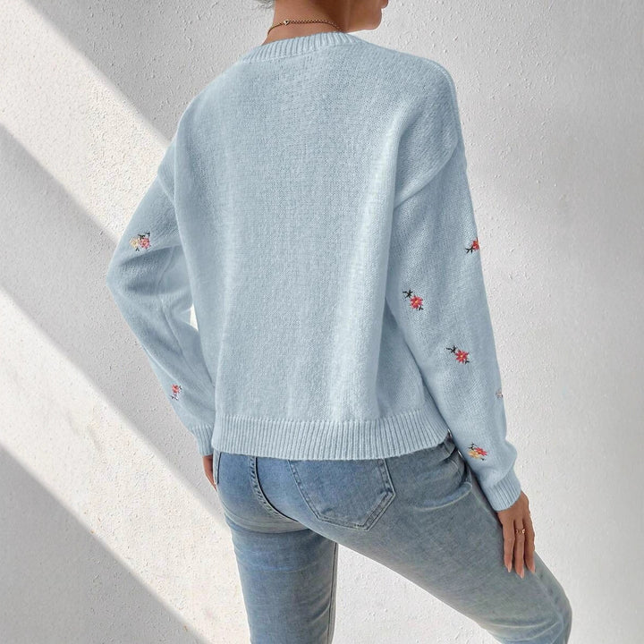 Damen Feinstrickpullover mit floralem Stickdesign und Rundhalsausschnitt Drune