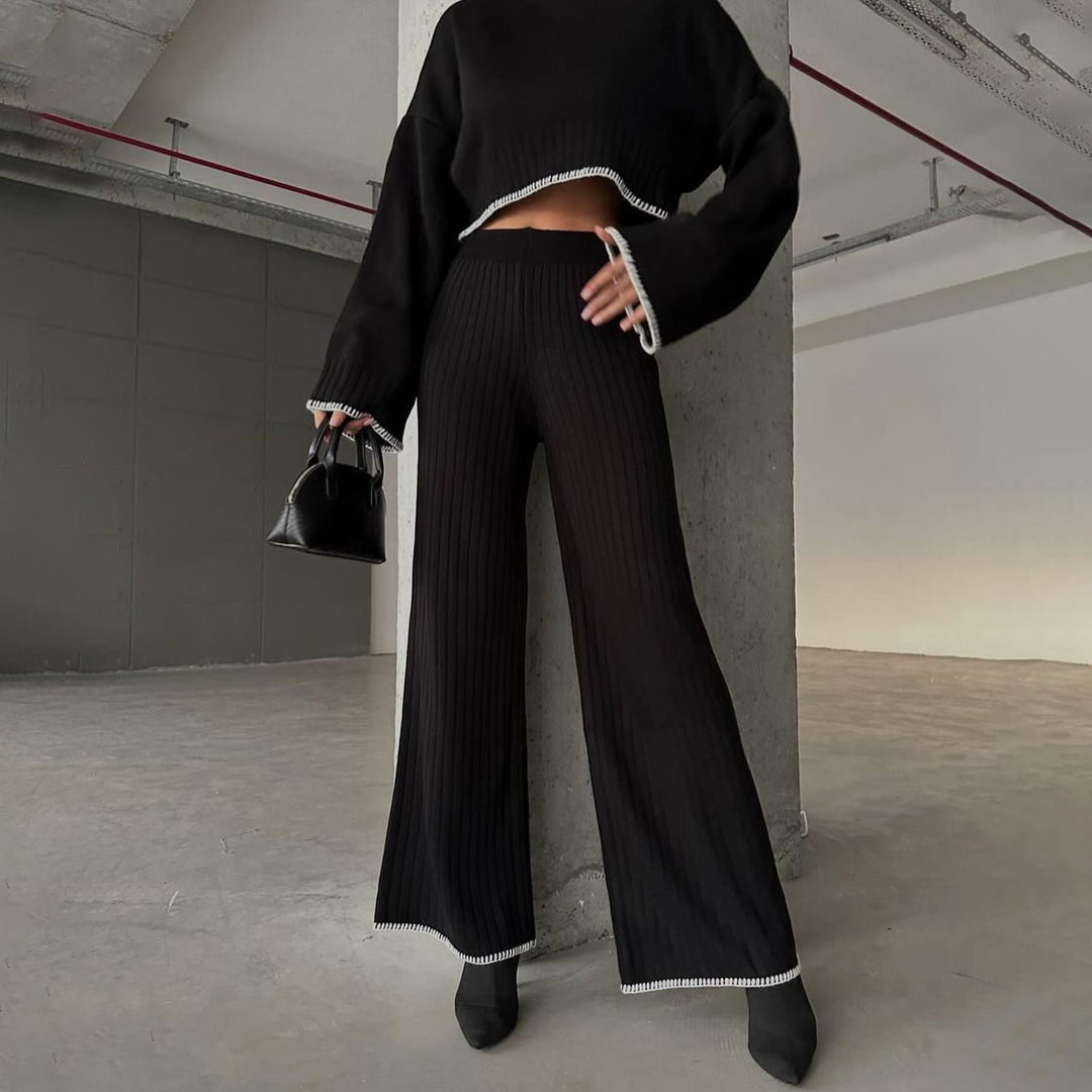 Damen Crop-Pullover und weite Hose Set mit moderne Rippstruktur Drune