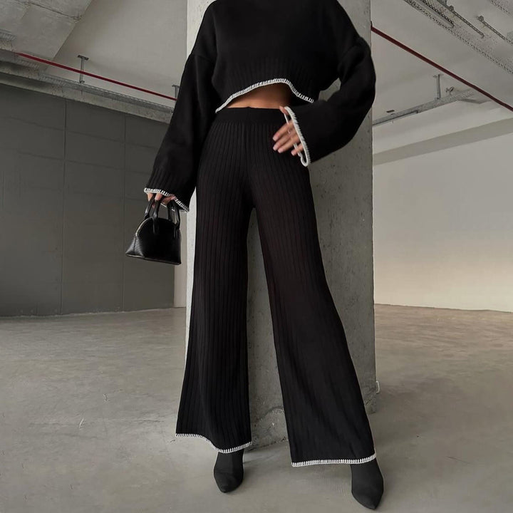 Damen Crop-Pullover und weite Hose Set mit moderne Rippstruktur Drune