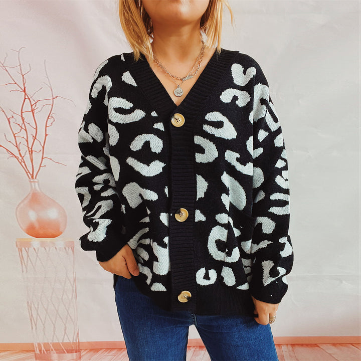 Damen Warming Cardigan mit lockeren Ärmeln und modischem Leo-Muster Drune