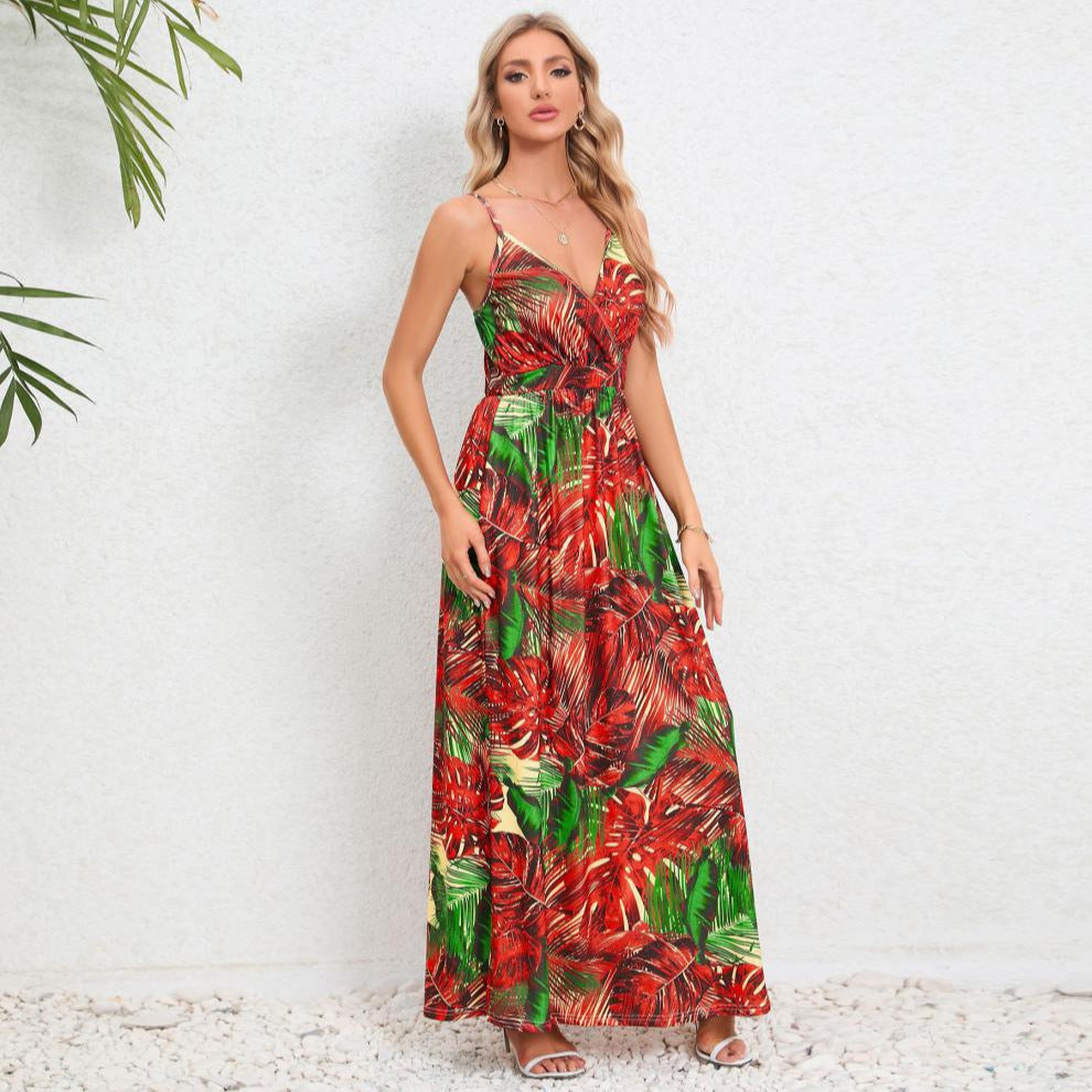 Damen Maxikleid mit zartem V-Ausschnitt und buntem Pflanzenmuster Drune