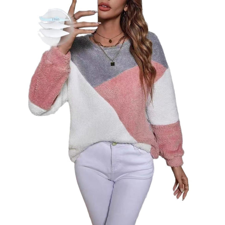 Damen Flauschiger Sweatshirt mit geometrischem Design und langen Ärmeln Drune
