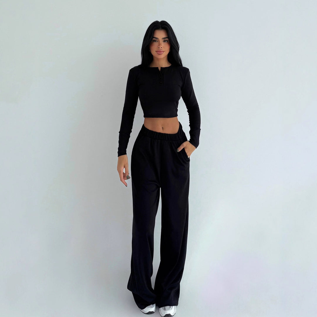 Damen cropped Oberteil und weite Hose mit Knopfdetails Drune