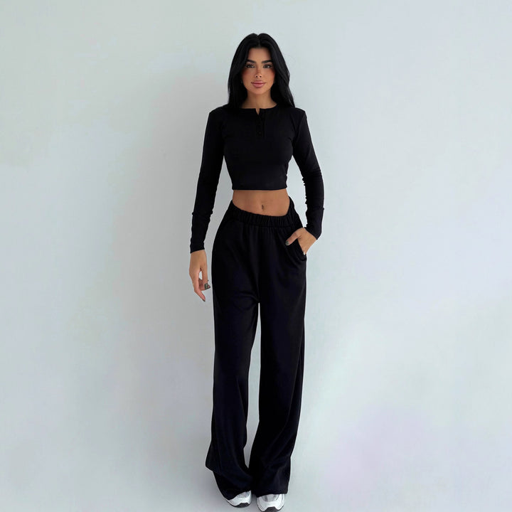 Damen cropped Oberteil und weite Hose mit Knopfdetails Drune
