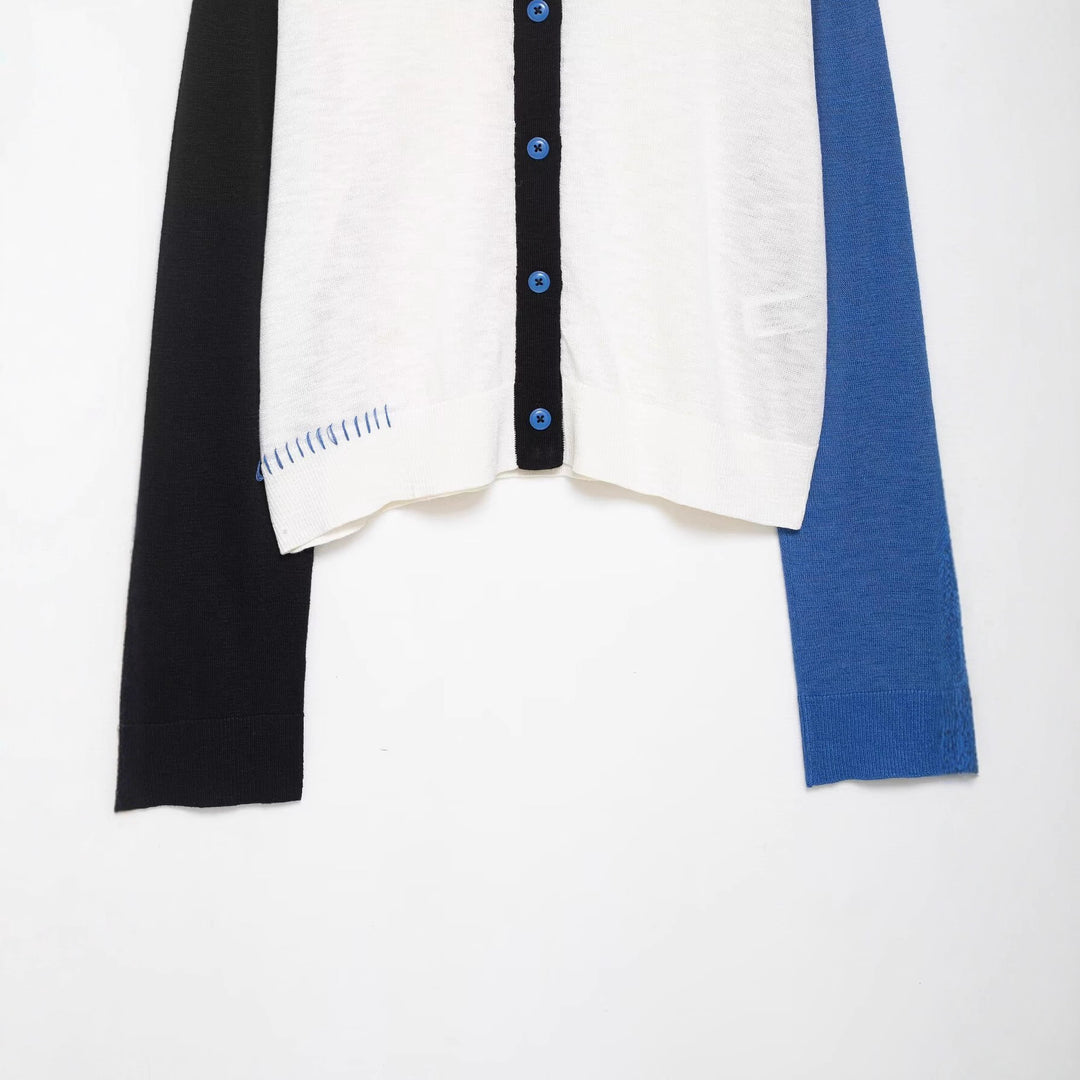 Damen modische kurzärmelige Strickjacke mit Kontrastnähten und Knopfverschluss Drune