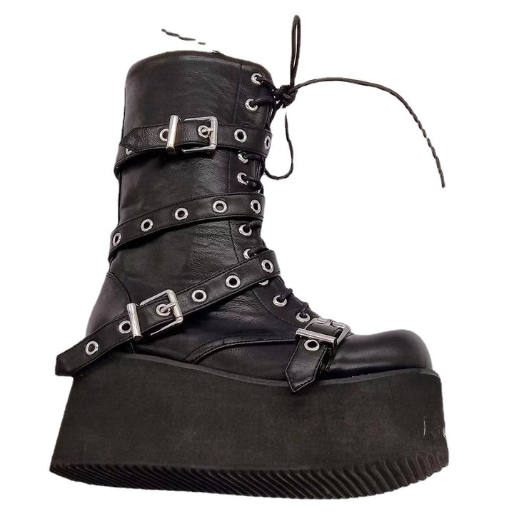 Damen plateau Combatstiefel mit Schnallen Ösen Schnürung und seitlichem Reißverschluss Drune