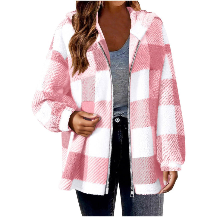 Damen Fleecejacke mit Karo-Muster und Kapuze Drune