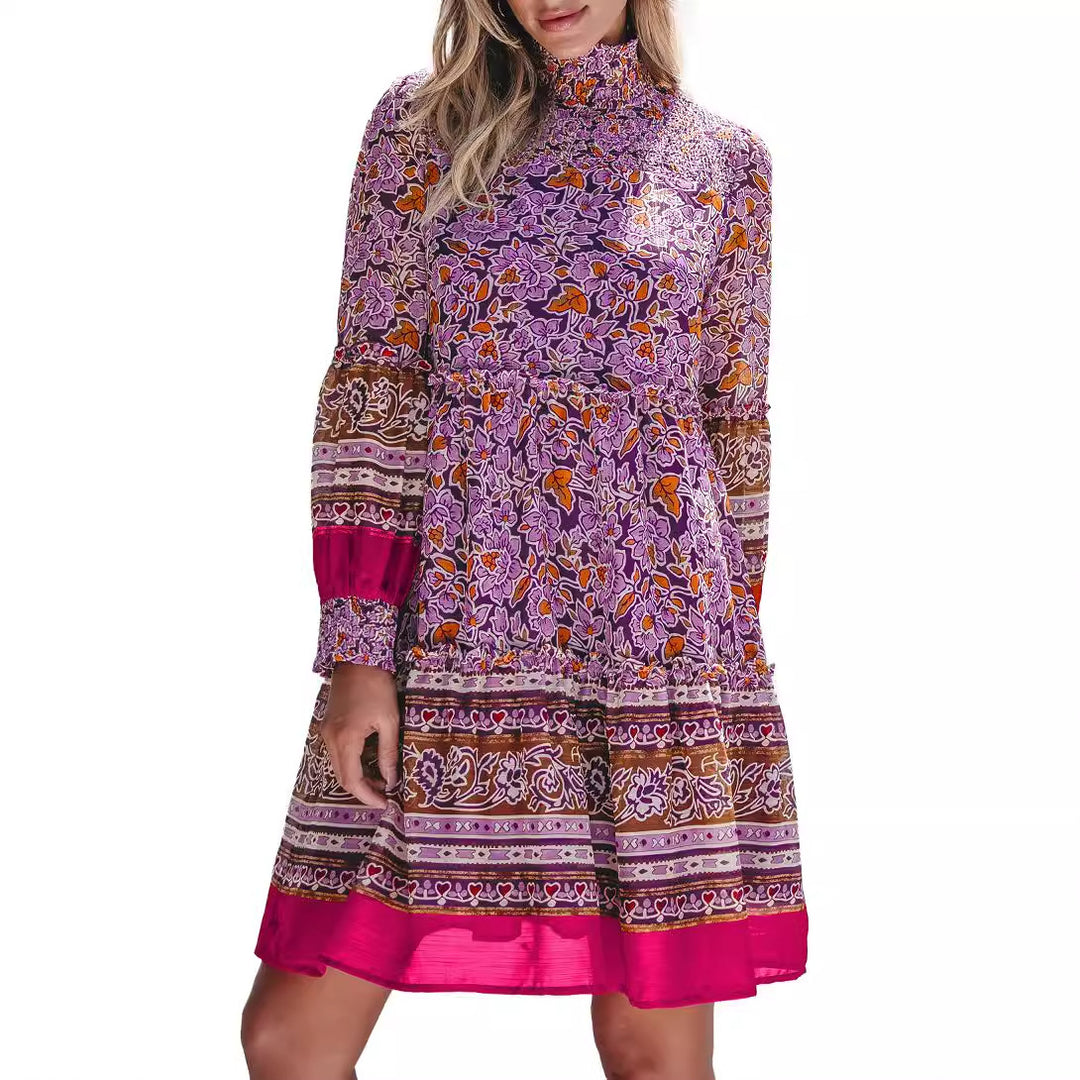 Damen Boho-inspiriertes Midi-Kleid mit elastischem Taillenbund und voluminösen Ärmeln Drune