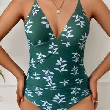 Damen Einteiler Badeanzug mit elegantem V-Ausschnitt und floralem Design Drune