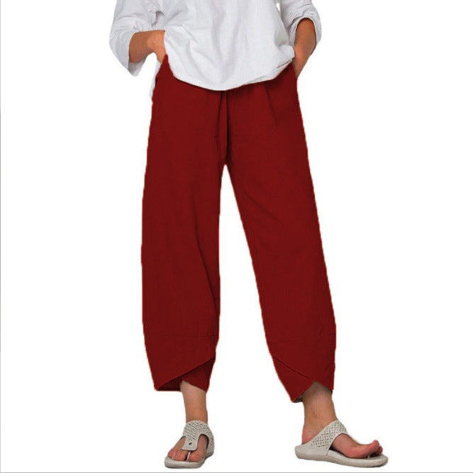 Damen nan lockere Leinenhose mit hohem Bund, Tulpen-Saum und seitlichen Eingrifftaschen Drune