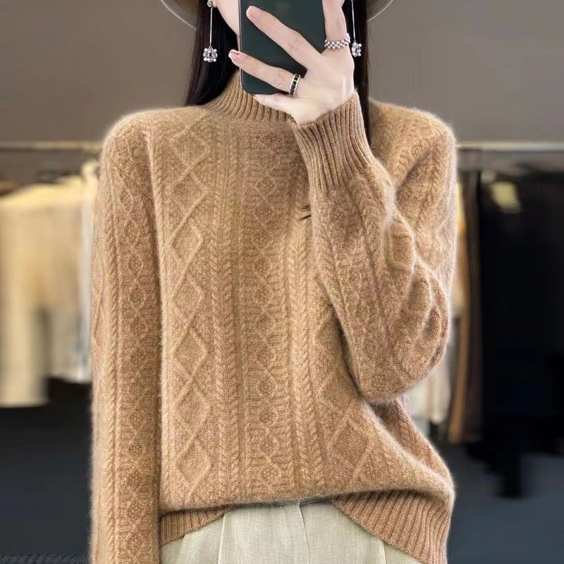 Damen Hochwertiger Strickpullover mit Stehkragen und Zopfdesign Drune