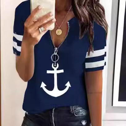 Damen maritim inspirierter Kurzarm Pullover mit Reißverschluss und Anker-Motiv Drune